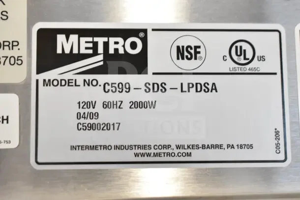 Metro C599-SDS-LPDSA commercial heated holding cabinet label, showing model, voltage, NSF, and UL listings.