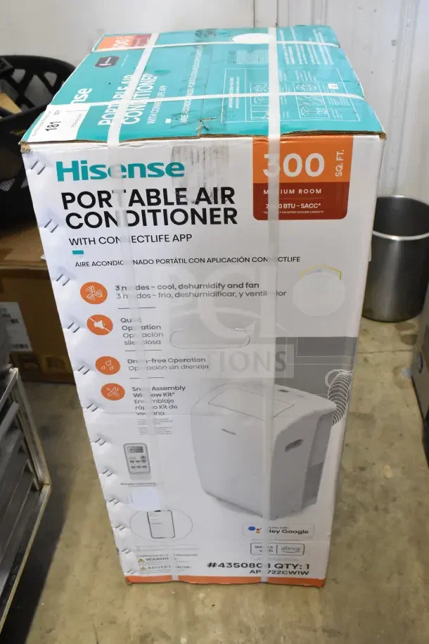 Brand new Hisense Portable Air Conditioner box, 300 sq. ft. capacity, features cooling, dehumidifying, smart app control. Scratch and dent noted.