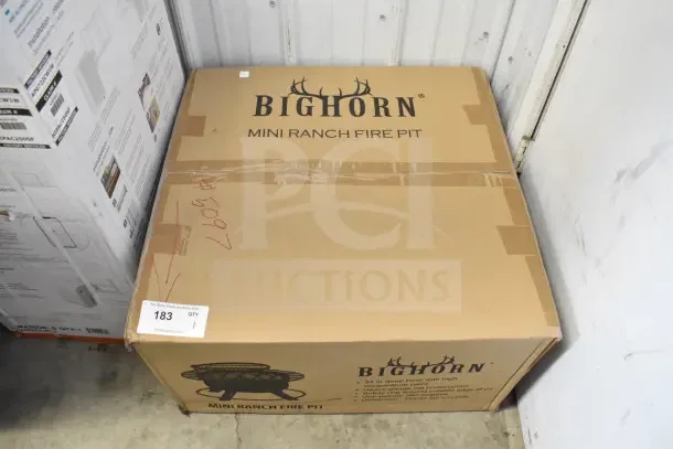 Boxed Bighorn SRFP9624 24" Mini Ranch Fire Pit, new with minor scratches and dents, model and brand marking visible.