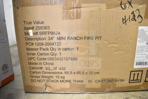 Cardboard box with labels for Bighorn SRFP9624 24" Mini Ranch Fire Pit. Item #258363, UPC 0883432107499, made in China.