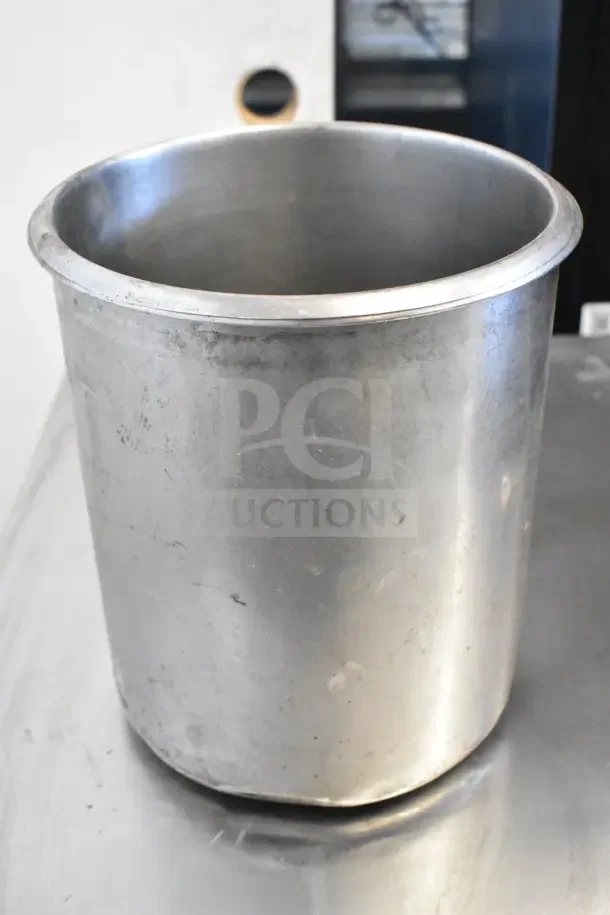 Cylindrical drop-in bin, metal, slightly worn. Part of a lot of 7 bins. Ideal for sorting or storage needs.