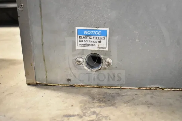 Hoshizaki KM-350MAJ Ice Machine, 387lb output, 115V, 1 Phase. "Notice: Plastic fitting" label visible, warns against brazing.