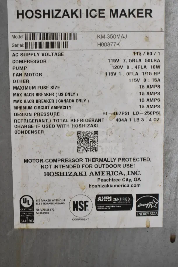 Hoshizaki KM-350MAJ Ice Machine; 387lb capacity, 115V, 1 phase. Features labels with specs, UL, NSF, and Energy Star certifications.