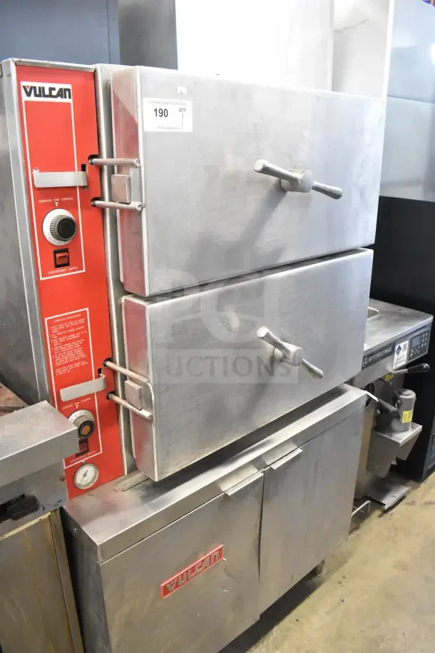 Vulcan VL2GPS commercial steam cabinet, natural gas, two-deck, 170,000 BTU, stainless steel, visible controls, and brand logo.