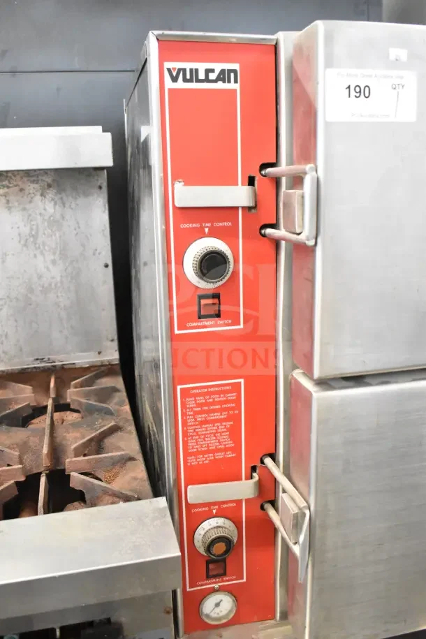 Vulcan VL2GPS commercial steam cabinet, red panel with controls, 2 deck, natural gas, 170,000 BTU, auction tag 190.