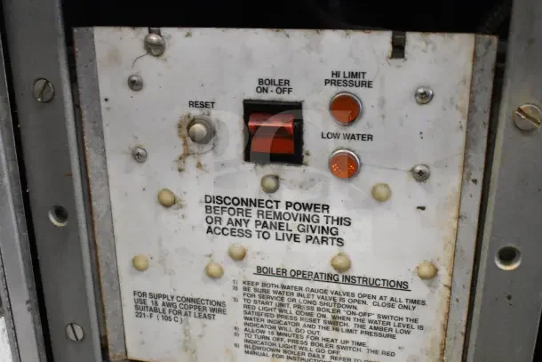 Vulcan VL2GPS commercial steam cabinet control panel with power disconnect, boiler operating instructions, and indicator lights.