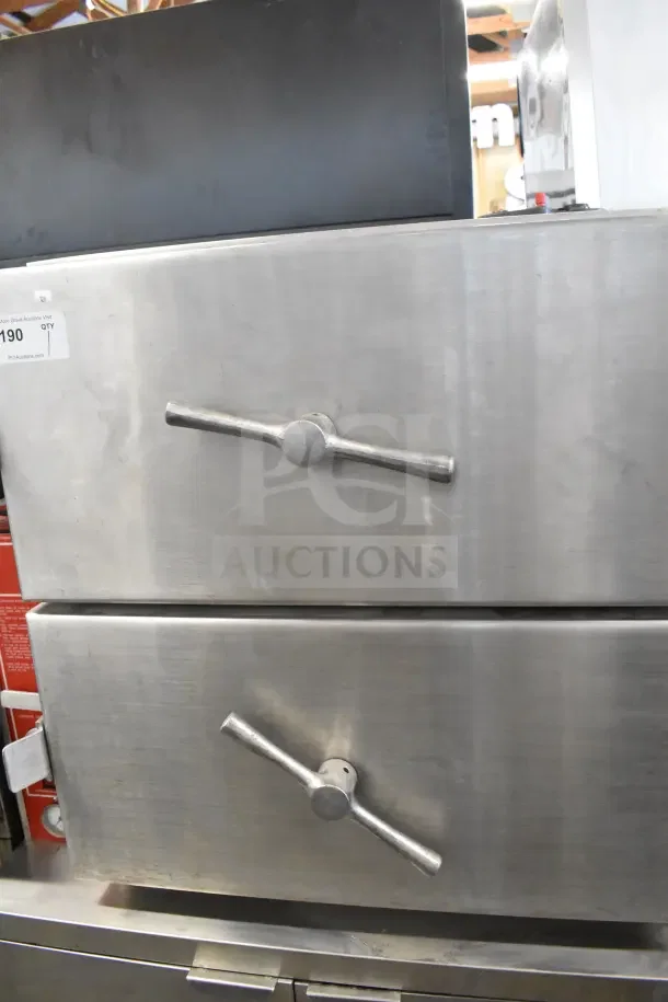 Vulcan VL2GPS commercial steam cabinet, dual deck, natural gas, 170,000 BTU, stainless steel, visible tag marked "190".