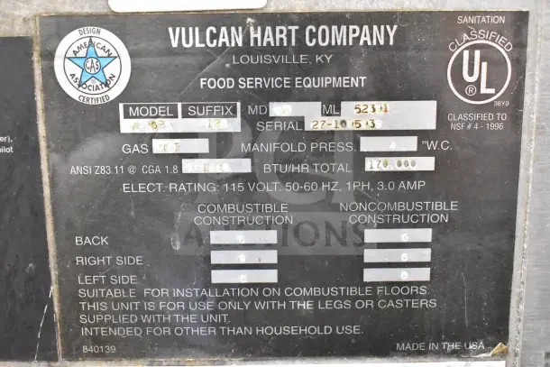 Vulcan VL2GPS Steam Cabinet label, 170,000 BTU, commercial use. Includes model number, serial number, and certification details.