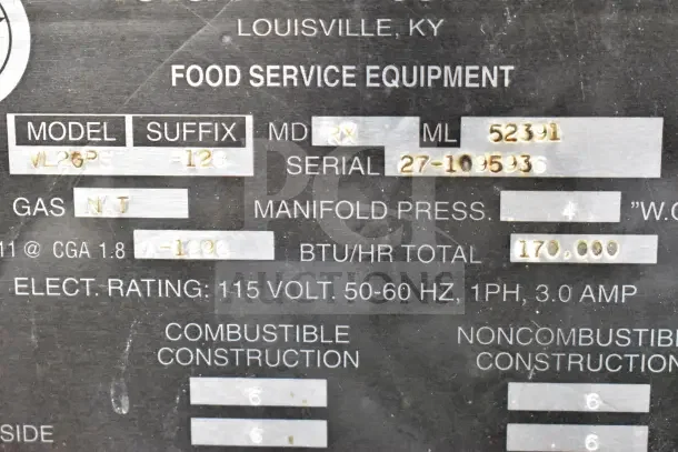 Vulcan VL2GPS Steam Cabinet label, shows model, serial, 170,000 BTU, natural gas, 115V, 3.0 AMP details.