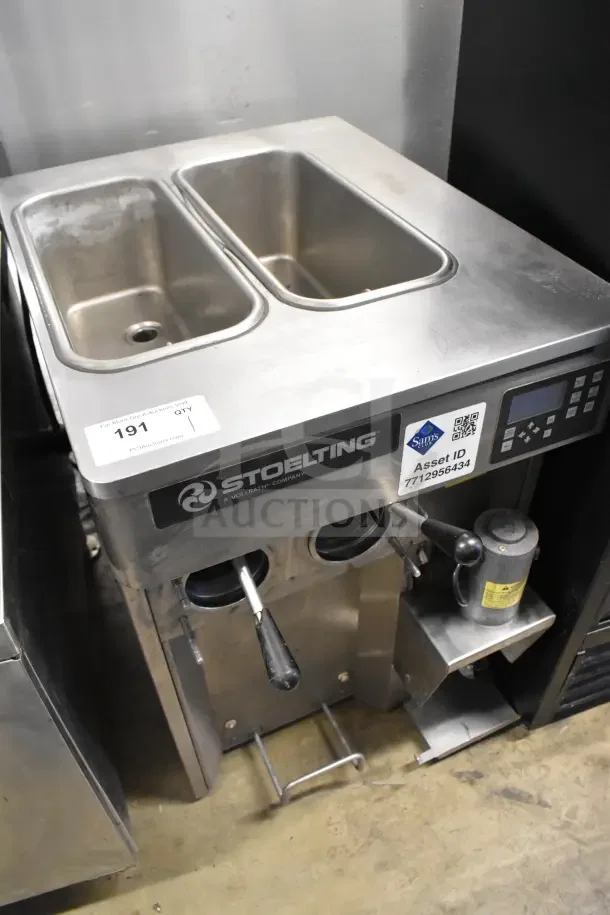 Stoelting commercial 2-flavor soft serve machine with twist feature, drink mixer, 208/240V, stainless steel, visible labels.