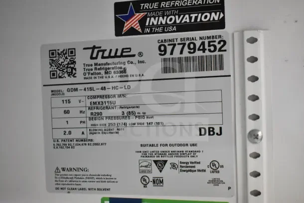 2020 True GDM-41SL-48-HC-LD cooler label detailing model, 115 volts, 1 phase, refrigerant type R290, serial number 9779452.