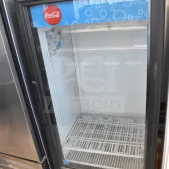 2016 True GDM-10-LD commercial single door cooler, clean interior, Coca-Cola branding, 115V, 1 Phase, good condition.