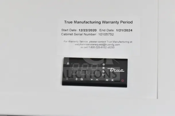 2021 True TSCI-600R-G-PH single door cooler with digital display. Warranty info: valid until 1/21/2024, serial 10105752.