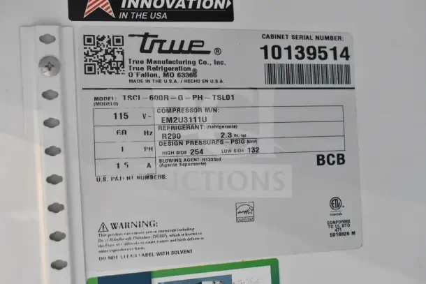 2021 True TSCI-600R-G-PH single door cooler; 115V, 1 Phase. Serial No: 10139514, refrigerant R290. Energy Star rated.