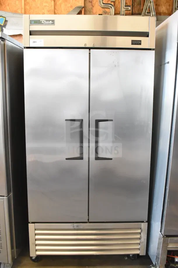 2018 True T-35 commercial 2-door reach-in cooler, stainless steel, on casters. 115 volts, 1 phase, excellent condition.