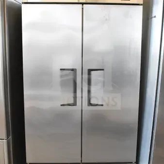 2018 True T-35 commercial 2-door reach-in cooler, stainless steel, on casters. 115 volts, 1 phase, excellent condition.
