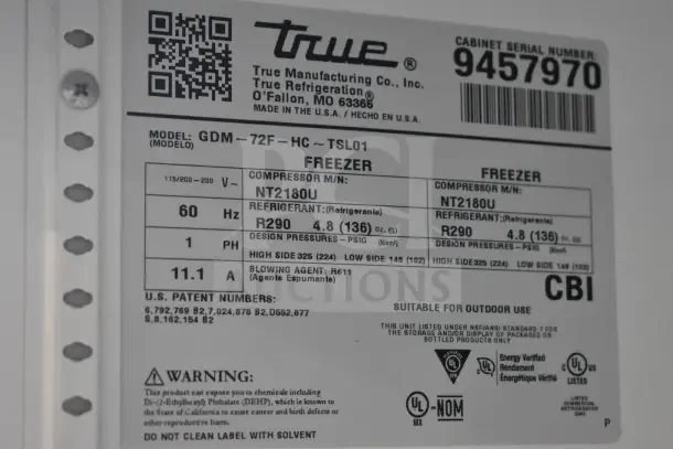 Label of True GDM-72F-HC Freezer, showing model, compressor NT2180U, refrigerant R290, voltage 115V, 1 phase, 11.1A.