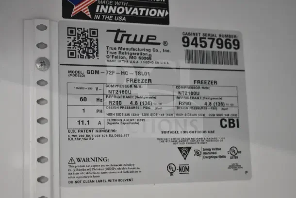 2018 True GDM-72F-HC 3 Door Freezer Merchandiser label, showing model, voltage, and refrigerant details.