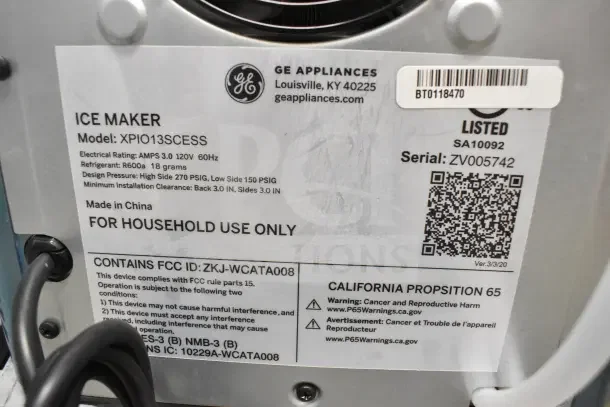 General Electric GE XPIO13SCESS Countertop Ice Maker label showing model, serial number, voltage, and safety information.