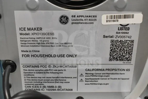 General Electric GE XPIO13SCESS countertop ice maker label, 120 volts, 1 phase, for household use, model and serial details shown.