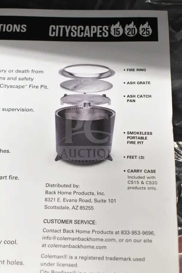 Coleman CCS-200 Portable Smokeless Fire Pit with fire ring, ash grate, ash catch pan, and three feet. Includes carry case.
