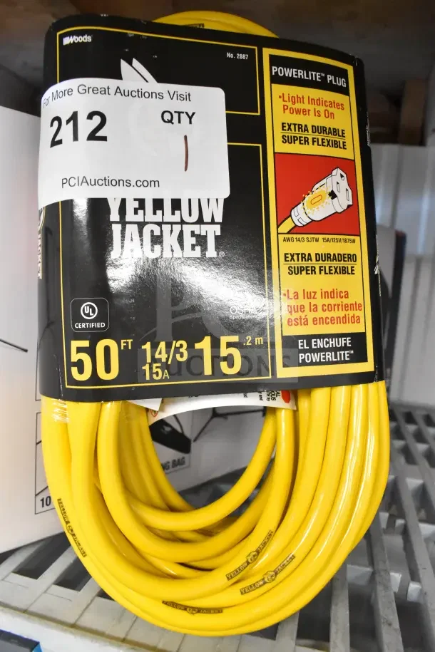 BRAND NEW Yellow Jacket 50' extension cord, 14/3 gauge, 15A, with Powerlite plug indicator. Sealed in original packaging.