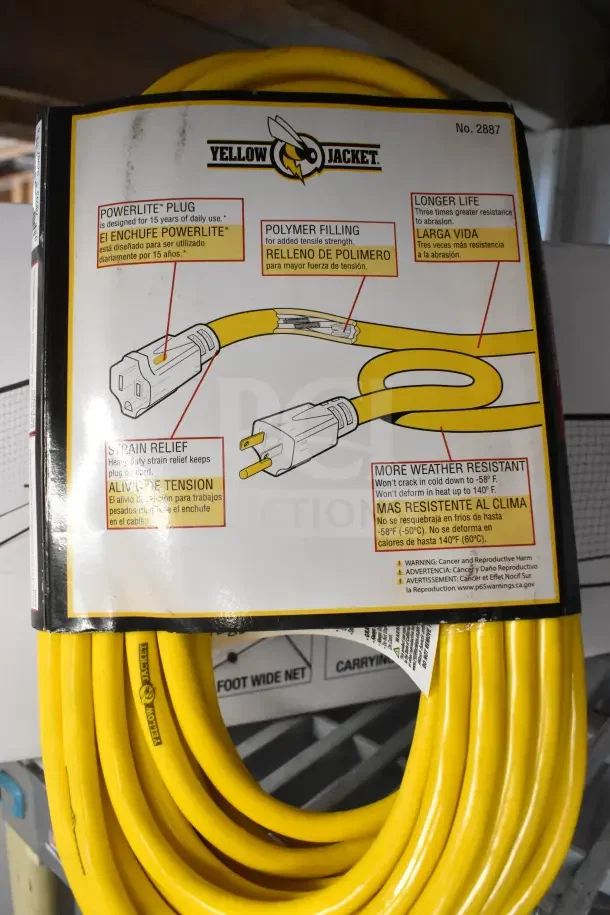 BRAND NEW Yellow Jacket 50' extension cord in box, features Powerlite plug, polymer filling, weather-resistant.