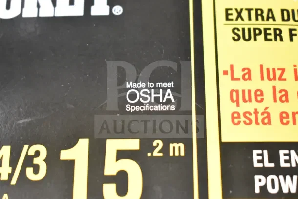 "Yellow Jacket 50' extension cord, brand new, OSHA compliant, extra heavy-duty, in original packaging."