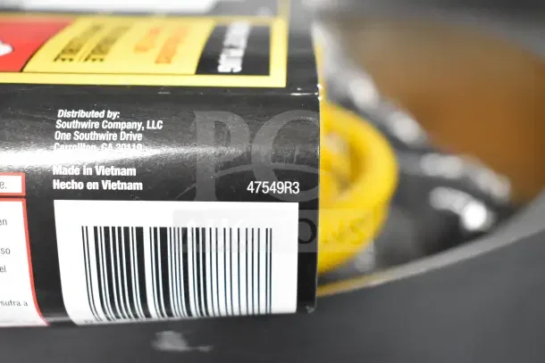 Brand new Yellow Jacket 50' extension cord in box, distributed by Southwire Company. Made in Vietnam. Model 47549R3.