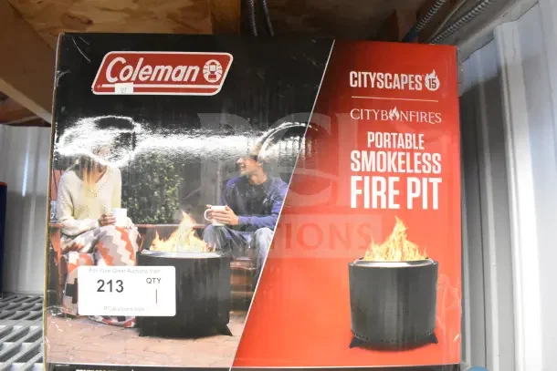 Brand new Coleman CCS-150 Portable Smokeless Fire Pit in box, features smokeless design, branded Cityscapes by City Bonfires.