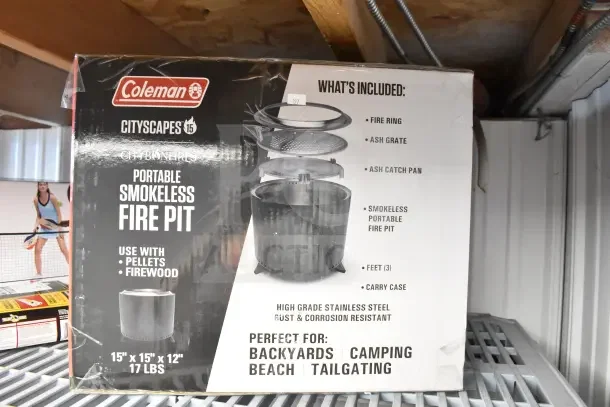 Coleman CCS-150 Portable Smokeless Fire Pit, brand new in box, includes fire ring, ash grate, and carry case, 15"x15"x12".