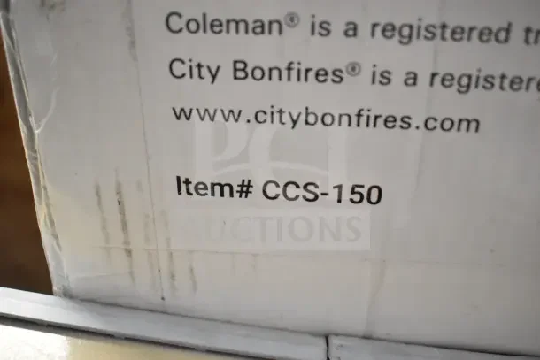 Box label for a new Coleman CCS-150 Portable Smokeless Fire Pit, displaying trademark information and model number.