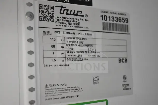 2021 True TSCI-600R-G-PH single door cooler, 115V, 1 Phase; label shows model, refrigerant R290, serial 10133659.