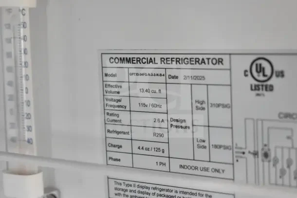 IDW GPT33-54FG-N-3-3-N-B-4 commercial cooler label showing specs: 13.40 cu.ft, 115V/60Hz, R290 refrigerant, UL listed.