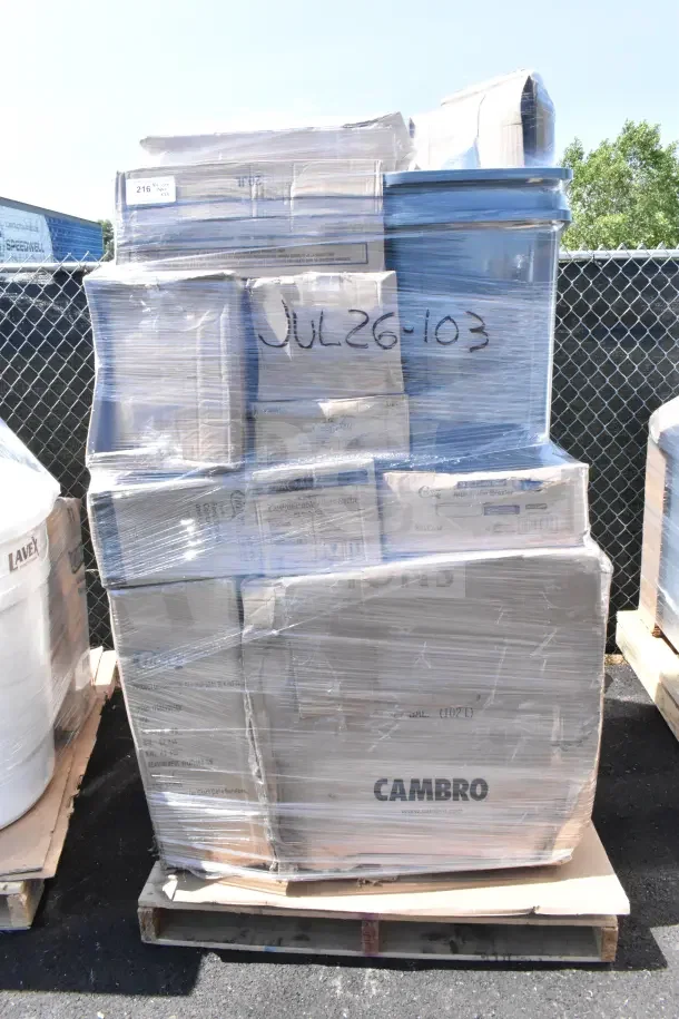 Pallet with 33 brand new scratch and dent items, including spoons, containers, and a crepe pan. Marked "JUL26-103".