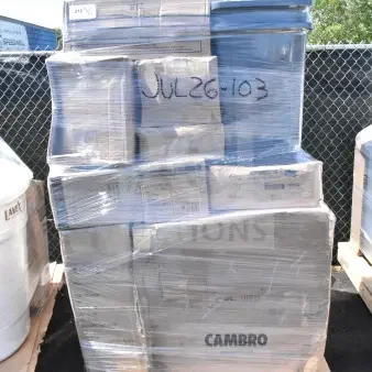 Pallet with 33 brand new scratch and dent items, including spoons, containers, and a crepe pan. Marked "JUL26-103".