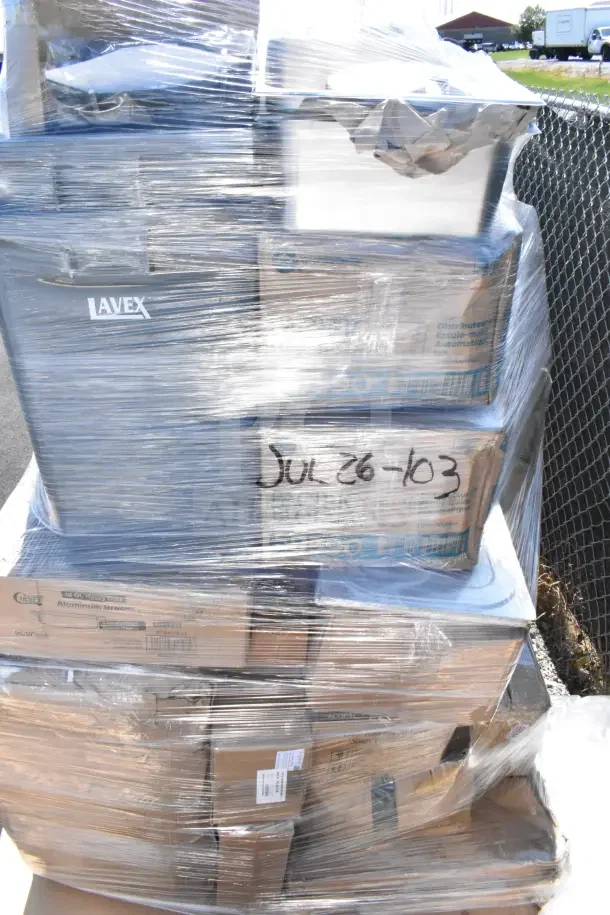Plastic-wrapped pallet of 33 brand new scratch and dent items, including Lavex containers, spoons, crepe pan. Label: "Jul26-103".