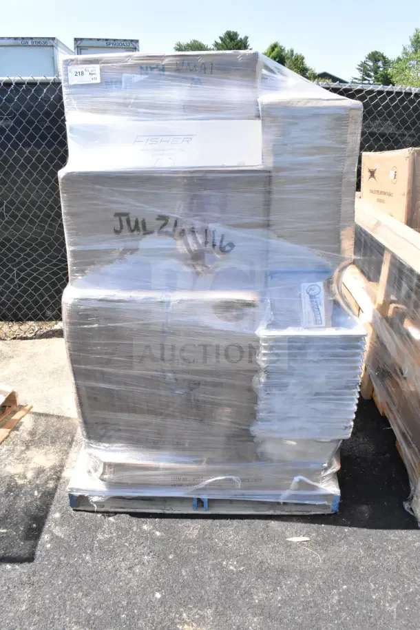 Shrink-wrapped pallet of 28 brand new scratch and dent items, including mat tiles, shelf kit, and fan. Visible label: JUL26-116.