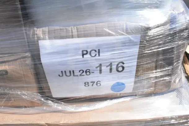 Pallet of 28 brand new scratch and dent items wrapped in plastic. Label reads "PCI JUL26-116 876". Includes mat tiles, shelf kit, fan.