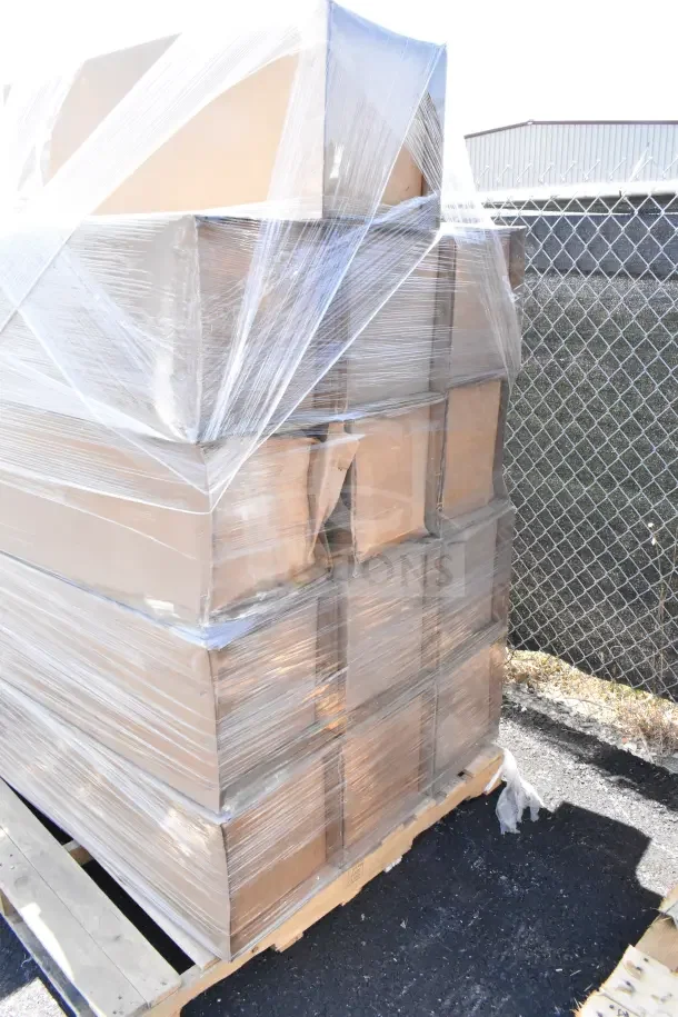 Shrink-wrapped pallet with 13 brand new Advance Tabco 109SST36 aluminum sanitizer dispenser stands, each 36" tall.