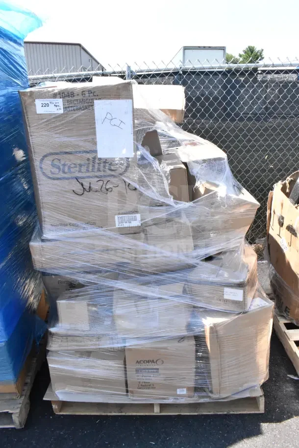 Pallet of 36 brand new scratch and dent items wrapped in plastic, including glasses, cutting board, casserole dish. Boxes labeled with "Sterilite" and "Acopa."