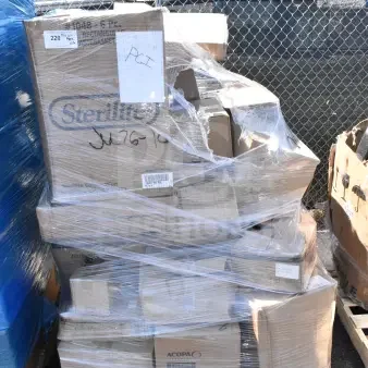 Pallet of 36 brand new scratch and dent items wrapped in plastic, including glasses, cutting board, casserole dish. Boxes labeled with "Sterilite" and "Acopa."