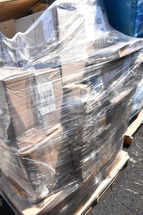 Pallet of 36 brand new scratch-and-dent items wrapped in plastic, includes glasses, cutting board, casserole dish.