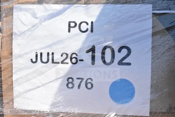Plastic-wrapped pallet with label reading "PCI JUL26-102". Contains 36 new scratch and dent items like glasses and a casserole dish.
