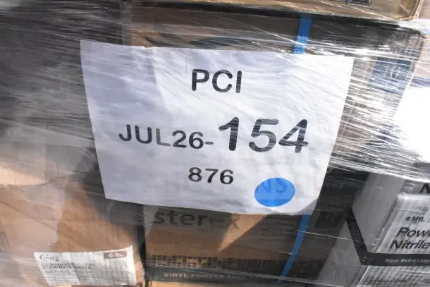 Auction pallet with 31 new scratch and dent items, including plastic bowls, cold cups, and paper bags. Label: PCI JUL26-154.