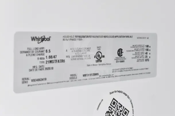 Label for 2025 Whirlpool 21MSTFATR6 Reach In Cooler w/ Freezer, 115 Volts, 1 Phase, Model WRT311FZDM05, serial VSE4063418.
