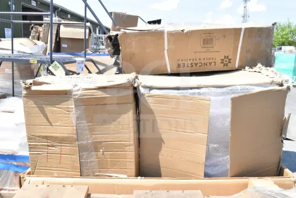 5 Brand new Lancaster Table & Seating black resin folding chairs, model 427FCRVINBLK, in damaged boxes.