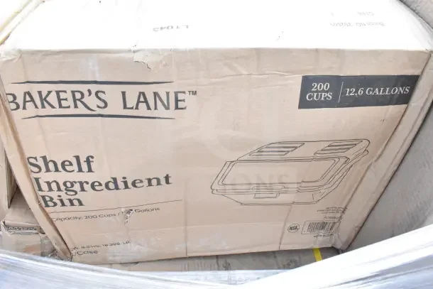Cardboard box of Baker's Lane shelf ingredient bin, 200 cups/12.6 gallons, brand new, showing slight box damage.