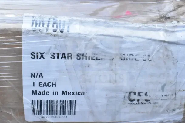 Package label showing "Six Star Shelf," 1 each, Made in Mexico. Partially visible brand, wrapped with protective film.