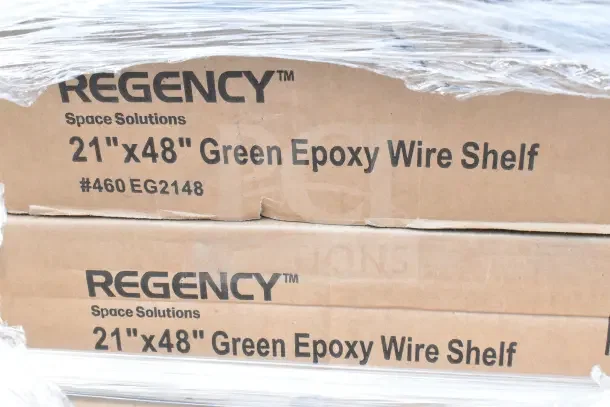 Regency 21"x48" Green Epoxy Wire Shelf, brand new, visible in cardboard packaging. Model #460 EG2148.
